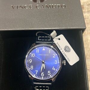 Vince Camuto Aldo Watch- black band with white stitching, blue face